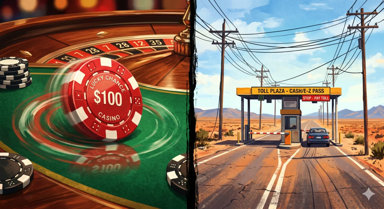 Split illustration: a spinning red casino chip on green felt on one side, a desert highway toll plaza under power lines on the other