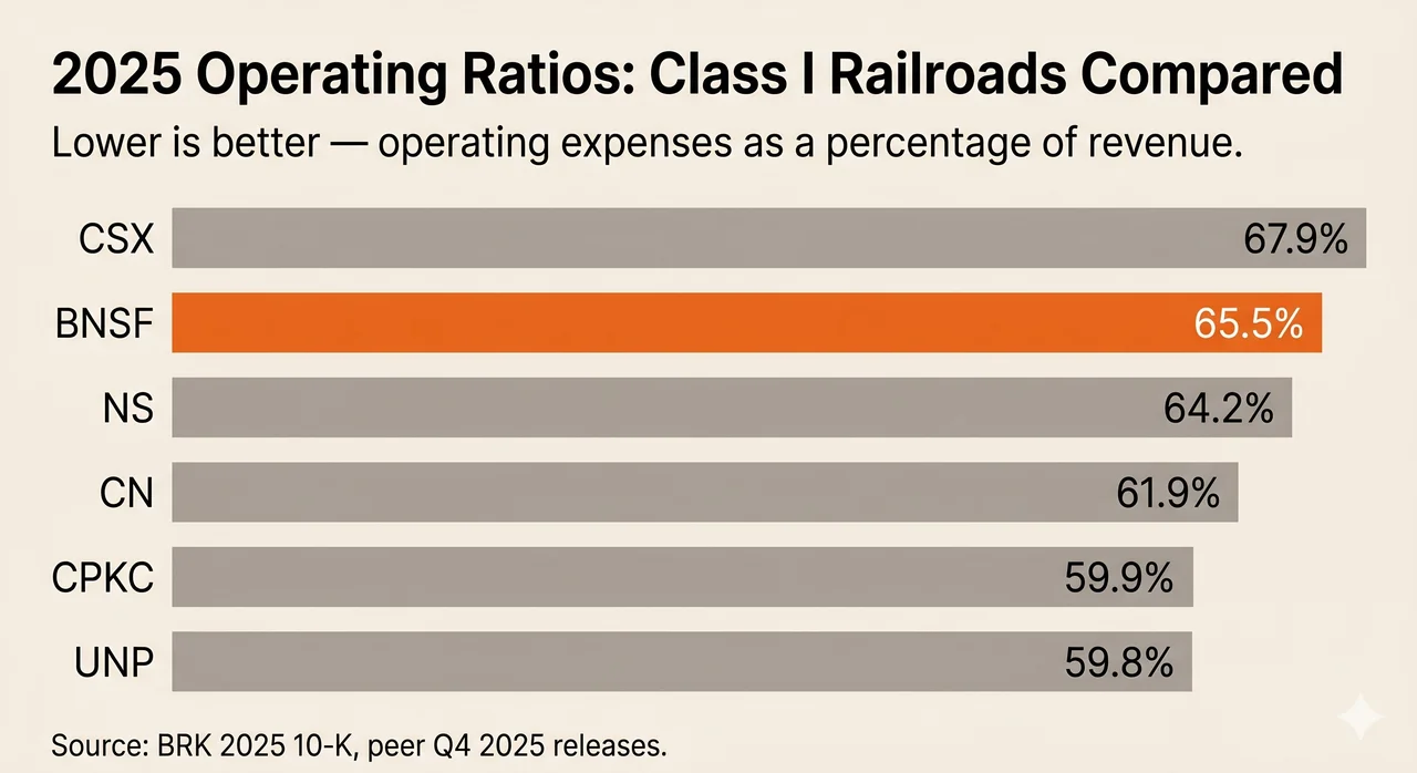 2025 operating ratios of the six Class I railroads compared, with BNSF at 65.5% highlighted in orange