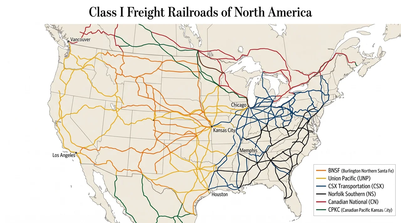 Class I freight railroad network map of North America
