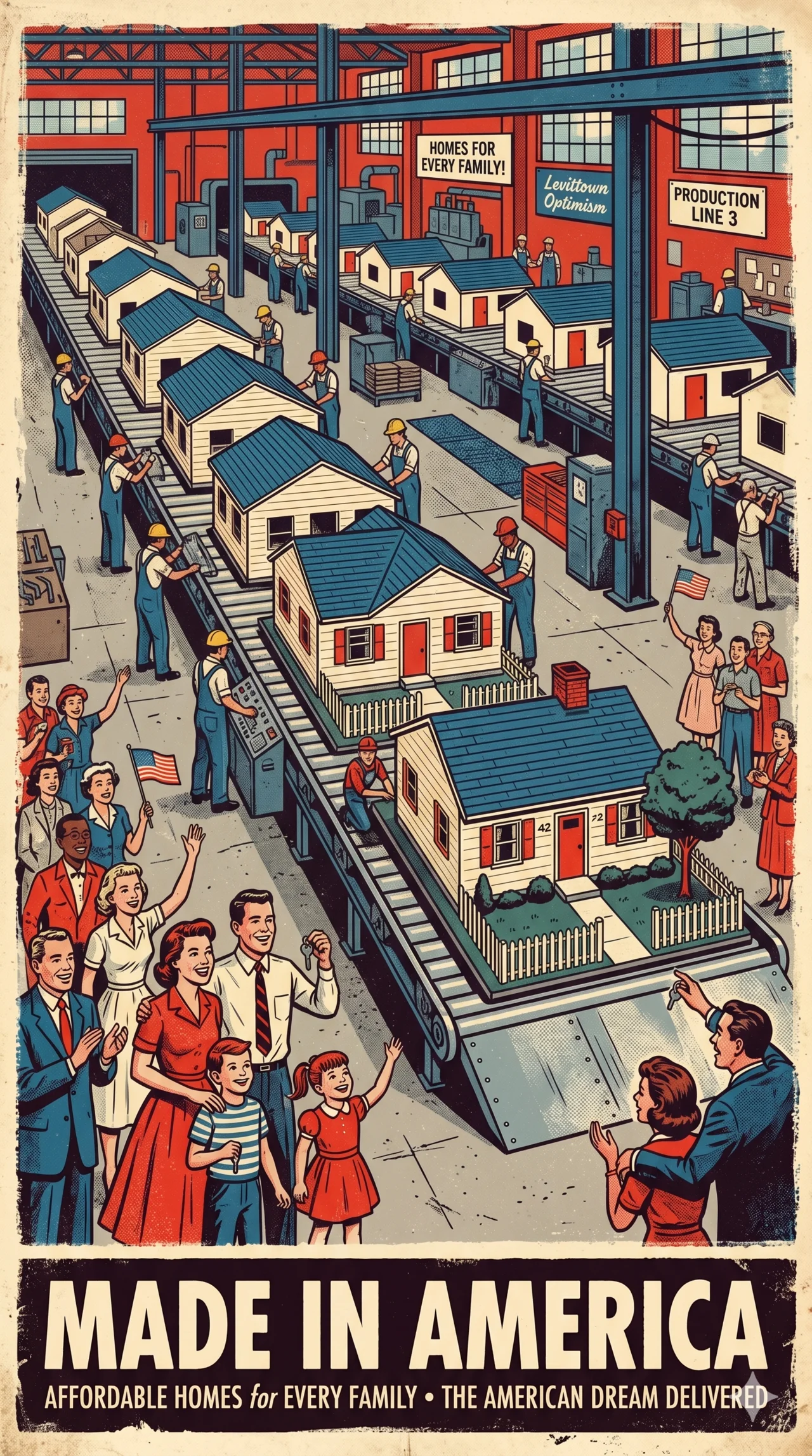 Vintage retro poster depicting a factory assembly line producing suburban houses, with families cheering below, captioned Made in America — Affordable Homes for Every Family