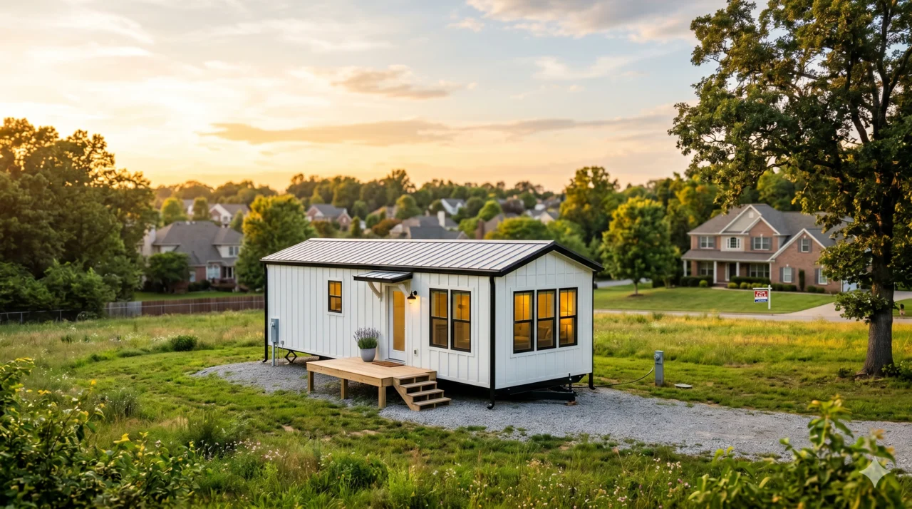 A Clayton Homes manufactured home on a gravel lot at golden hour, suburban houses visible in the background