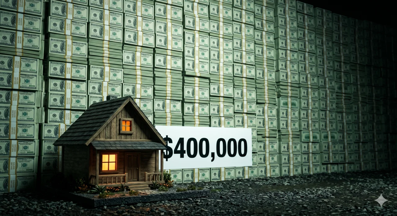 A small house model dwarfed by a towering wall of stacked hundred-dollar bills with a $400,000 price tag