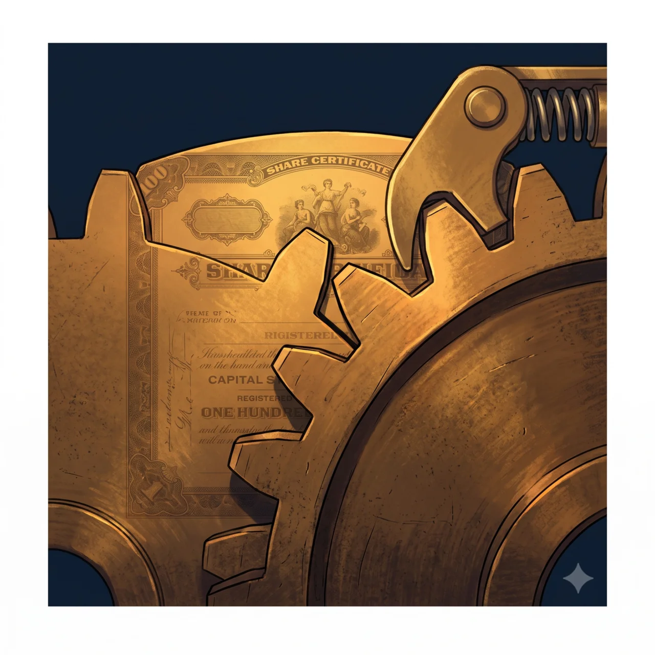 A brass ratchet wheel with its pawl locked against a tooth, a share certificate engraved across its face