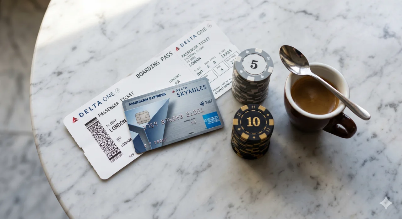 A Delta SkyMiles American Express card and a Delta One boarding pass on a marble surface, with poker chips and an espresso cup beside them