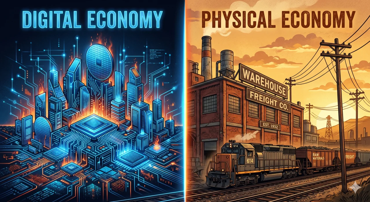 Split illustration contrasting a glowing blue digital-economy skyline with a warm-lit physical economy of warehouses, freight rail and power lines