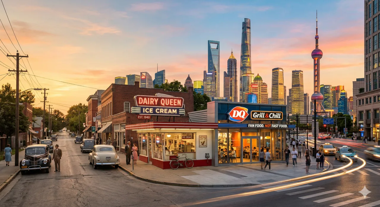 Dairy Queen 1940s storefront transitioning into modern DQ Grill and Chill with Shanghai skyline