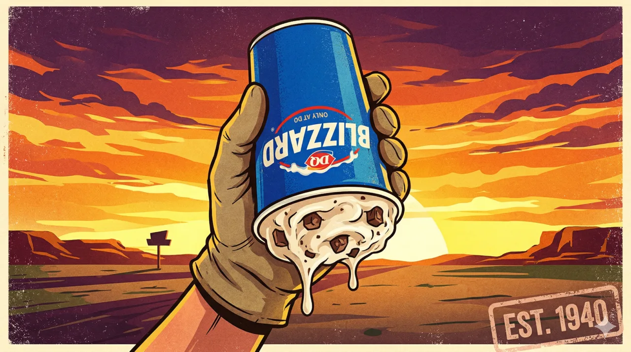 DQ Blizzard held upside down against a sunset sky in vintage illustration style