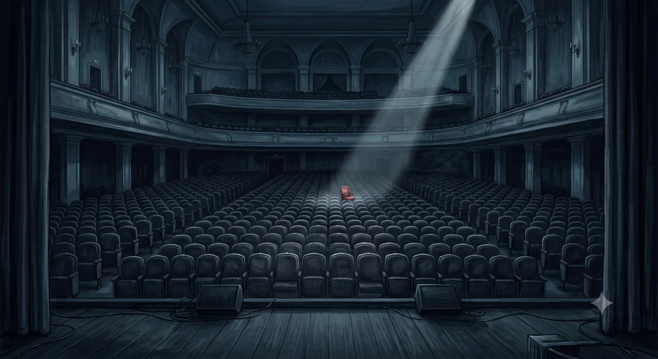 A vast dark auditorium seen from the stage, thousands of empty seats, a single spotlit red seat in the middle distance