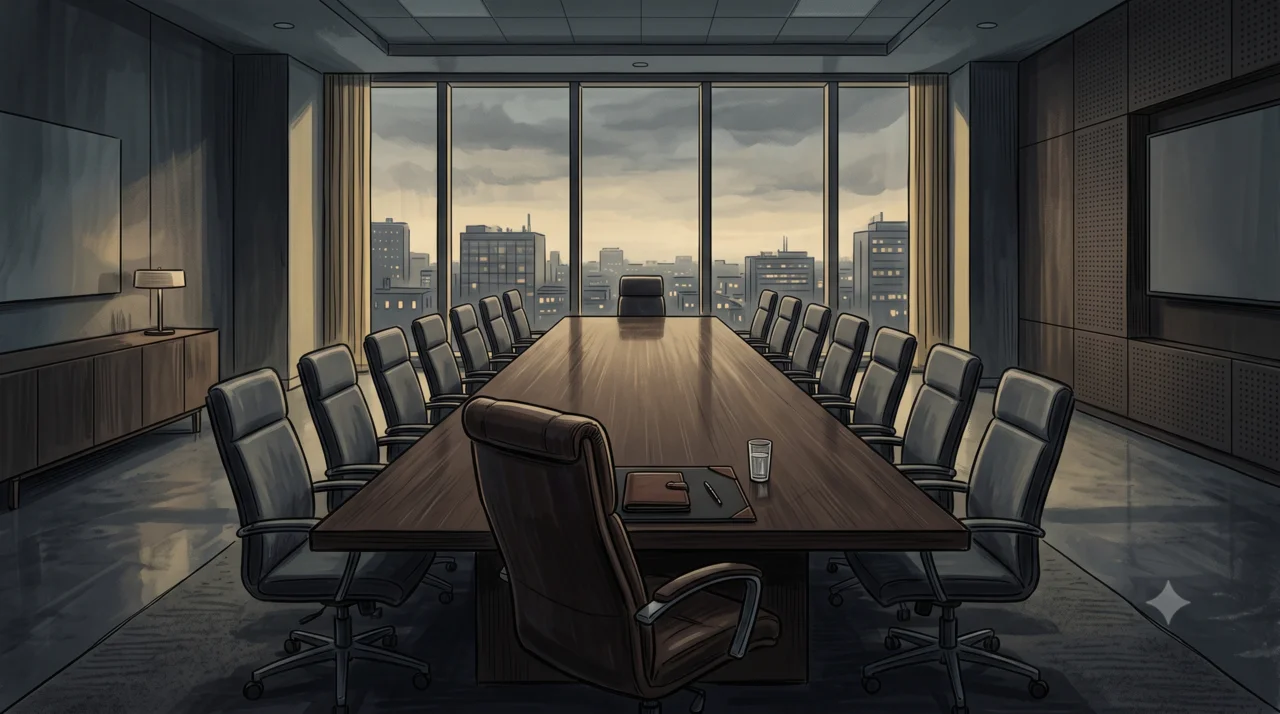 A long empty boardroom table at dusk with every chair pushed in except the one at the head, which is pulled back and vacant