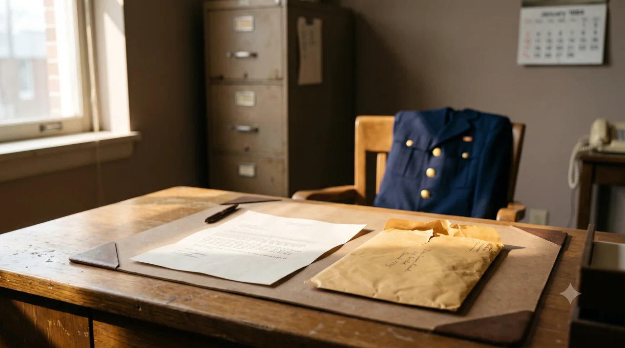 A typed letter and pen on the leather blotter of a period wooden office desk, a manila envelope beside it, a blue uniform jacket with brass buttons draped on the chair behind, morning light from a window and a 1986 wall calendar — a modest Omaha office