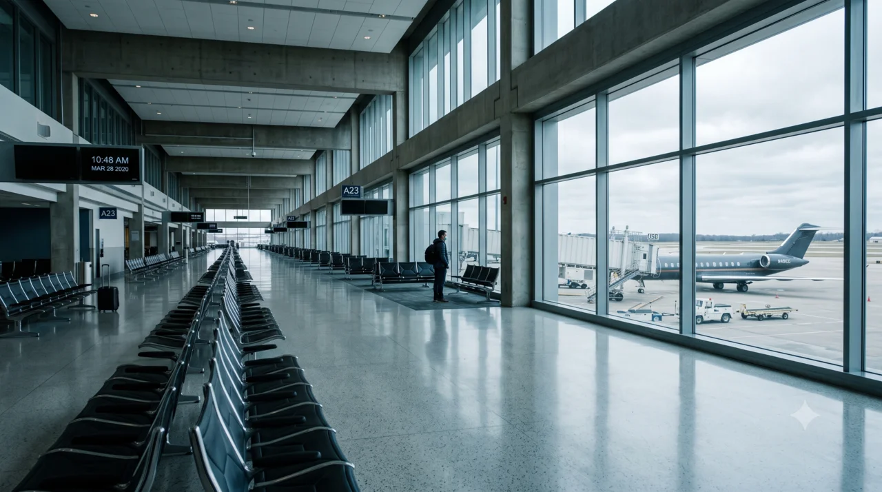 A near-empty airport terminal in spring 2020 with a single business jet visible through the windows on the apron