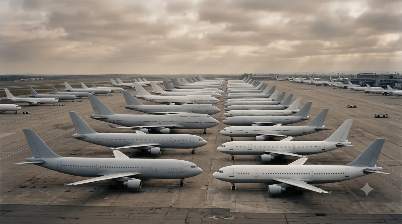 Commercial airliners parked in long rows on a quiet tarmac under an overcast sky in autumn 2001