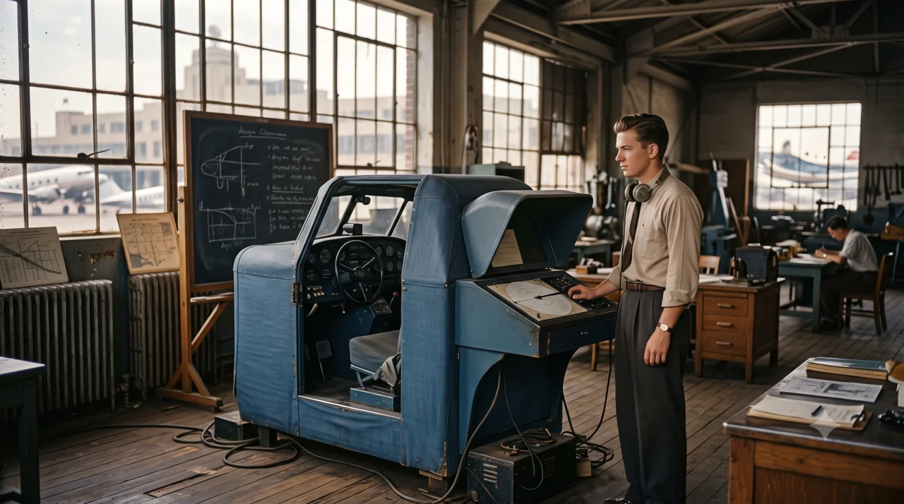 A young flight instructor beside an early Link trainer flight simulator at LaGuardia's Marine Air Terminal in the early 1950s