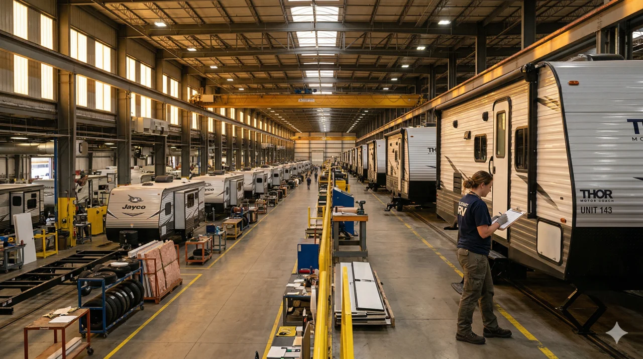 Forest River assembly plant interior in Elkhart, Indiana at golden hour with rows of travel trailers