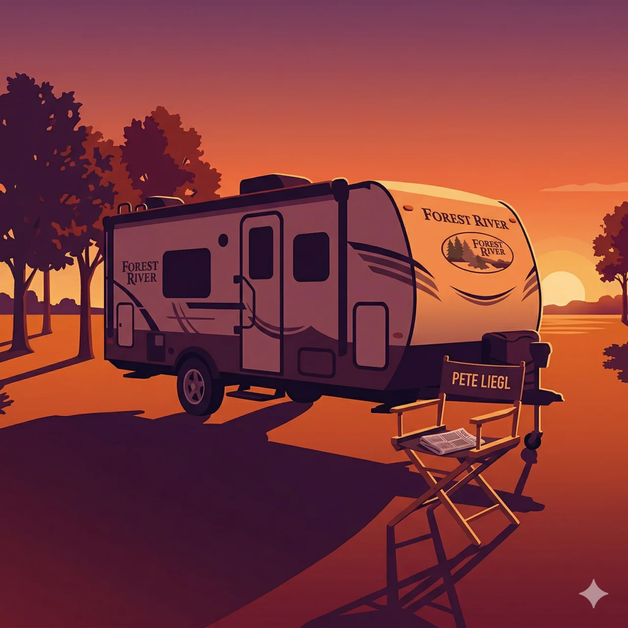 Empty director's chair beside a Forest River travel trailer at sunset in an Indiana field