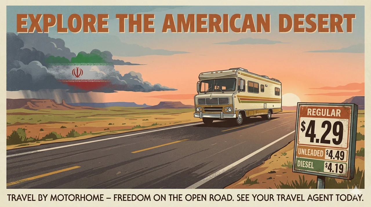 Vintage poster of a Class A motorhome on a desert highway with storm clouds and rising gas prices, Iran oil tension