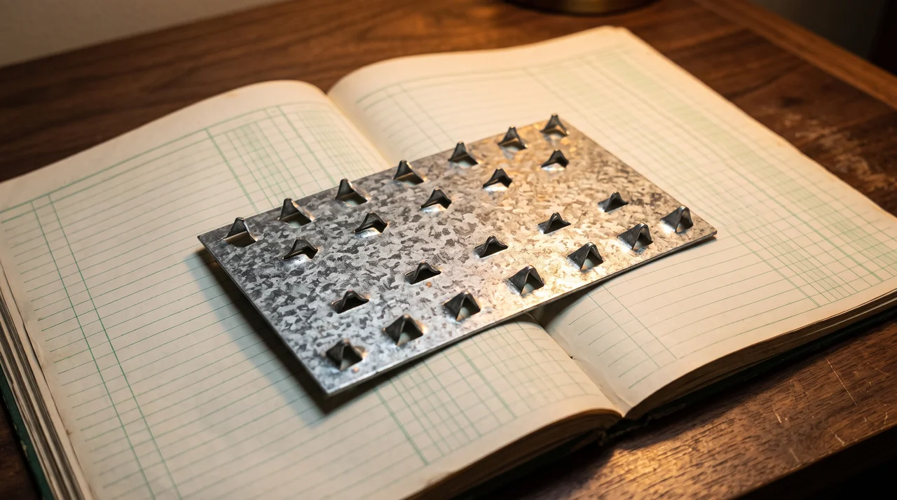 A galvanized steel truss connector plate with punched teeth lying on an open green-ruled ledger in warm lamplight