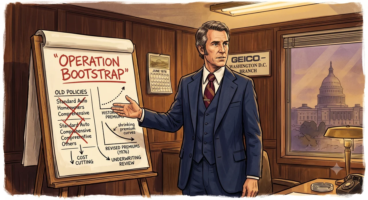 Vintage 1976 office illustration of Jack Byrne in a three-piece suit gesturing at an Operation Bootstrap flip chart in a GEICO Washington DC branch office with Capitol Hill visible through the window