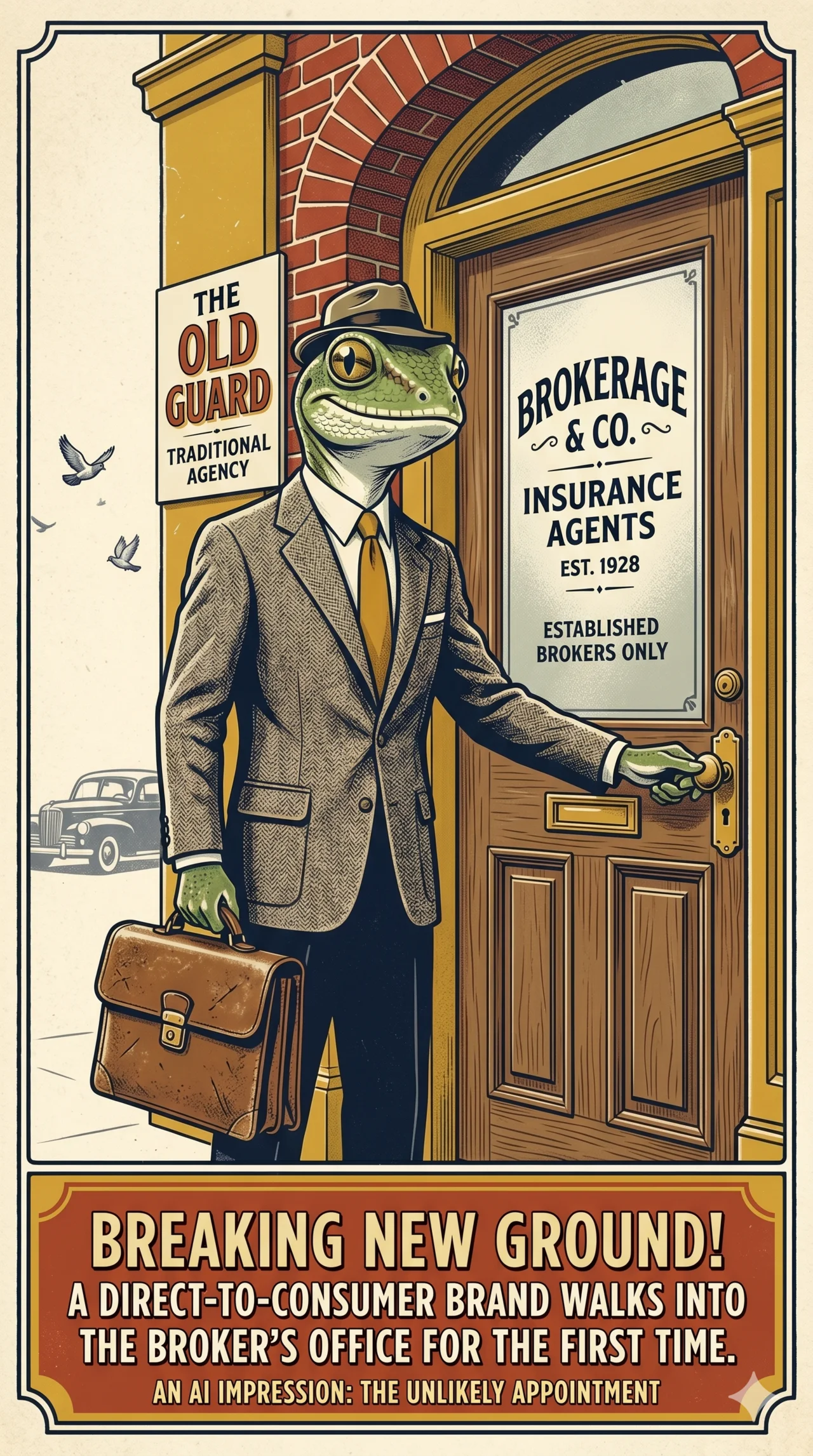 Vintage poster of a gecko in a tweed broker's blazer at the door of an old insurance brokerage