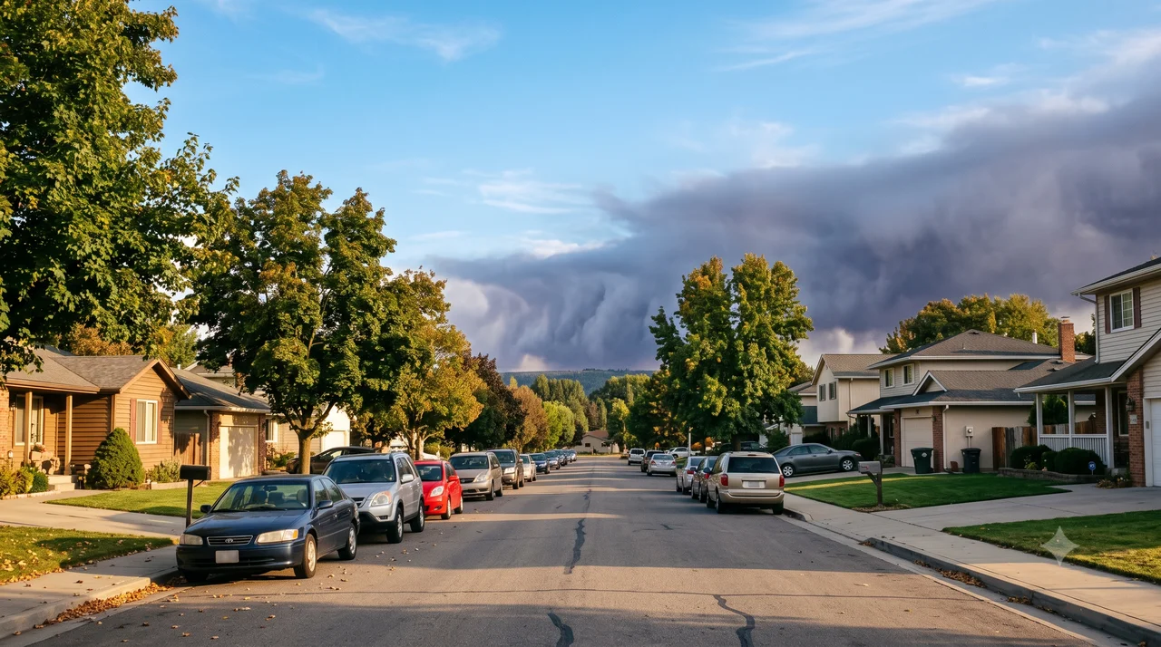 A suburban American street of parked cars under a clear sky as a dark storm system drifts away unbroken on the horizon