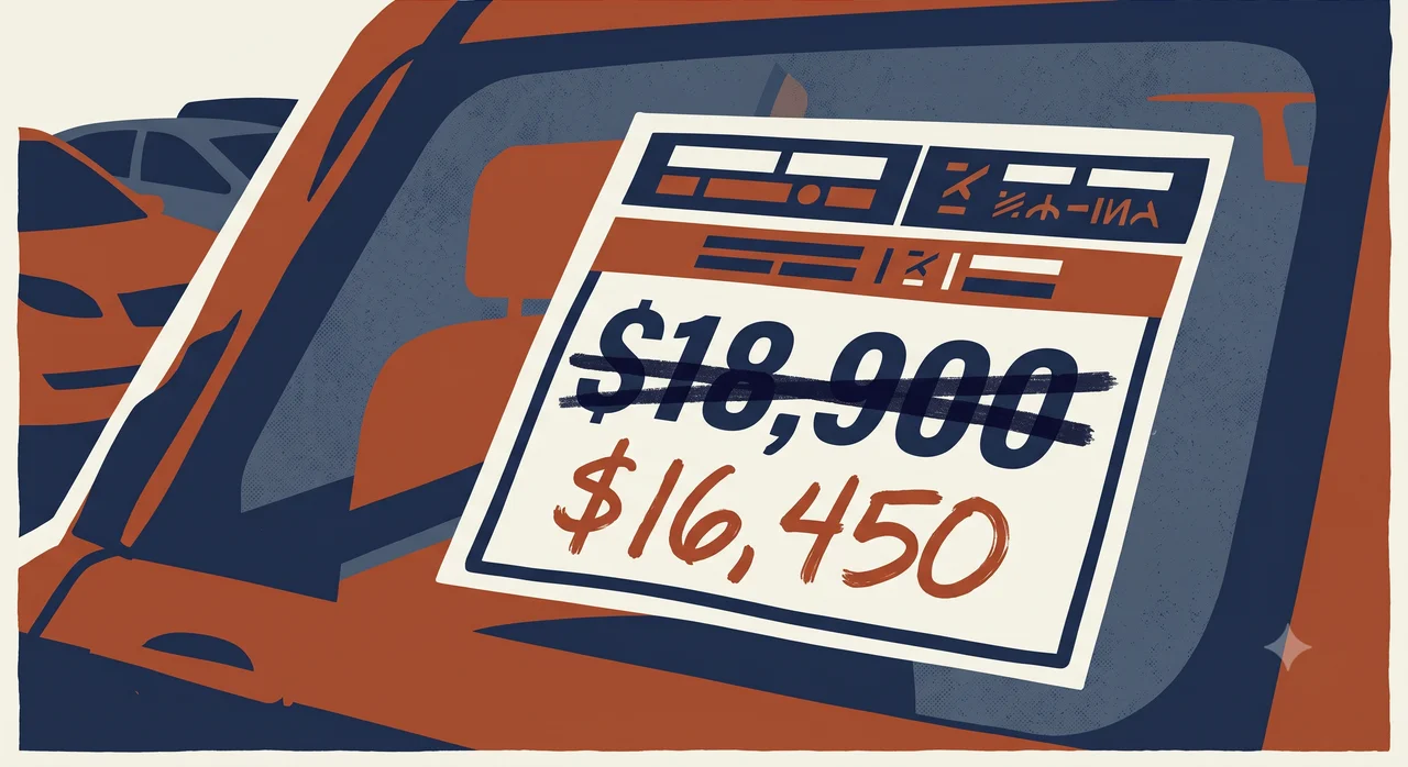A windshield price sticker with the printed figure struck through and a lower figure written beneath it in marker