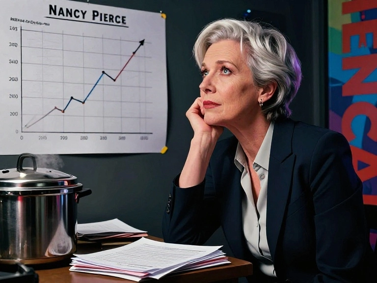 Comic illustration of a woman examining a wall chart showing a rising line graph with a pressure cooker steaming on her desk