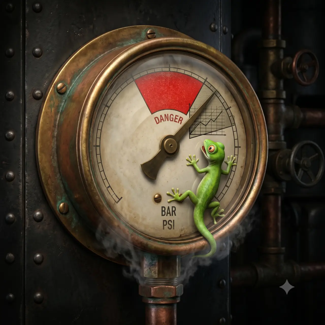 A pressure cooker gauge with a gecko trapped inside, steam rising, dial climbing past the safe zone