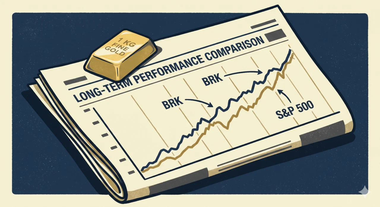A gold ingot resting on a folded newspaper chart showing BRK and S&P 500 long-term performance
