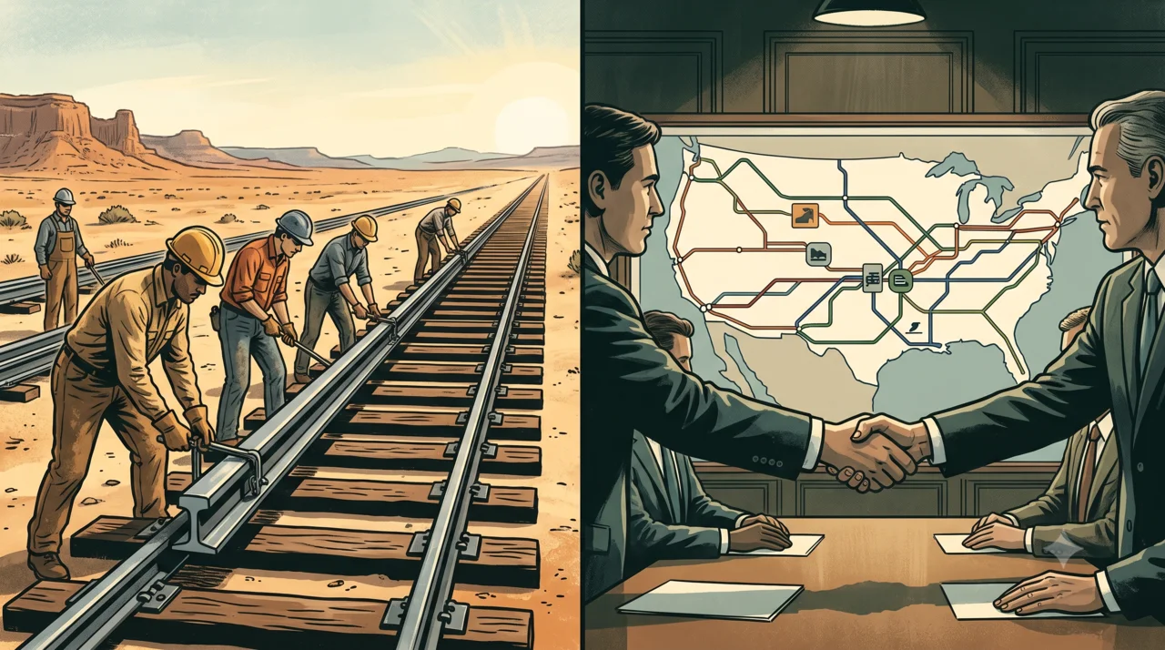 Split illustration contrasting two ways a railroad grows: a crew laying fresh steel rail across an open desert on the left, and a boardroom handshake over a map of merging US rail lines on the right