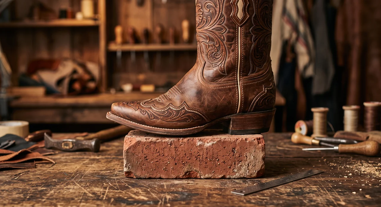 Handcrafted cowboy boot resting atop an Acme red clay brick