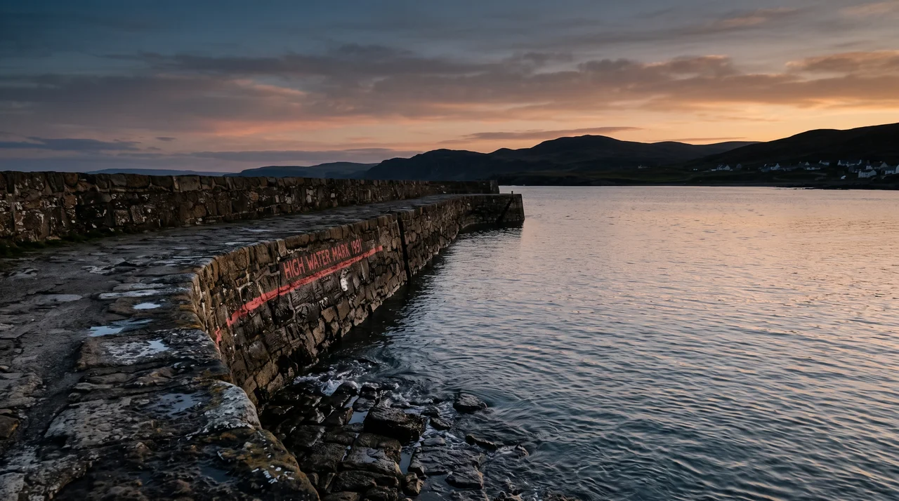A weathered stone harbour wall at sunset with a red painted high-water line and the words HIGH WATER MARK 1991 on the stone, the tide sitting well below the line