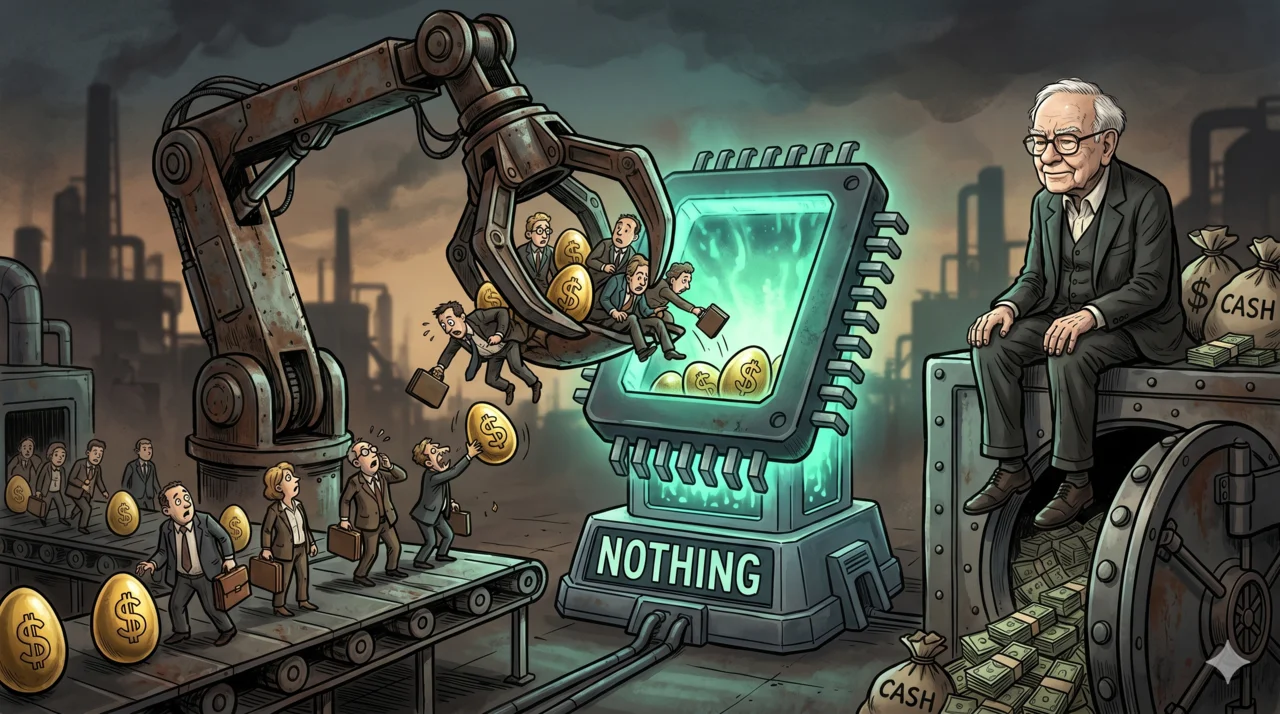 Editorial cartoon of a mechanical arm scooping investors and golden nest eggs off a conveyor belt into a glowing microchip labelled NOTHING, while an elderly investor sits on a vault of cash watching