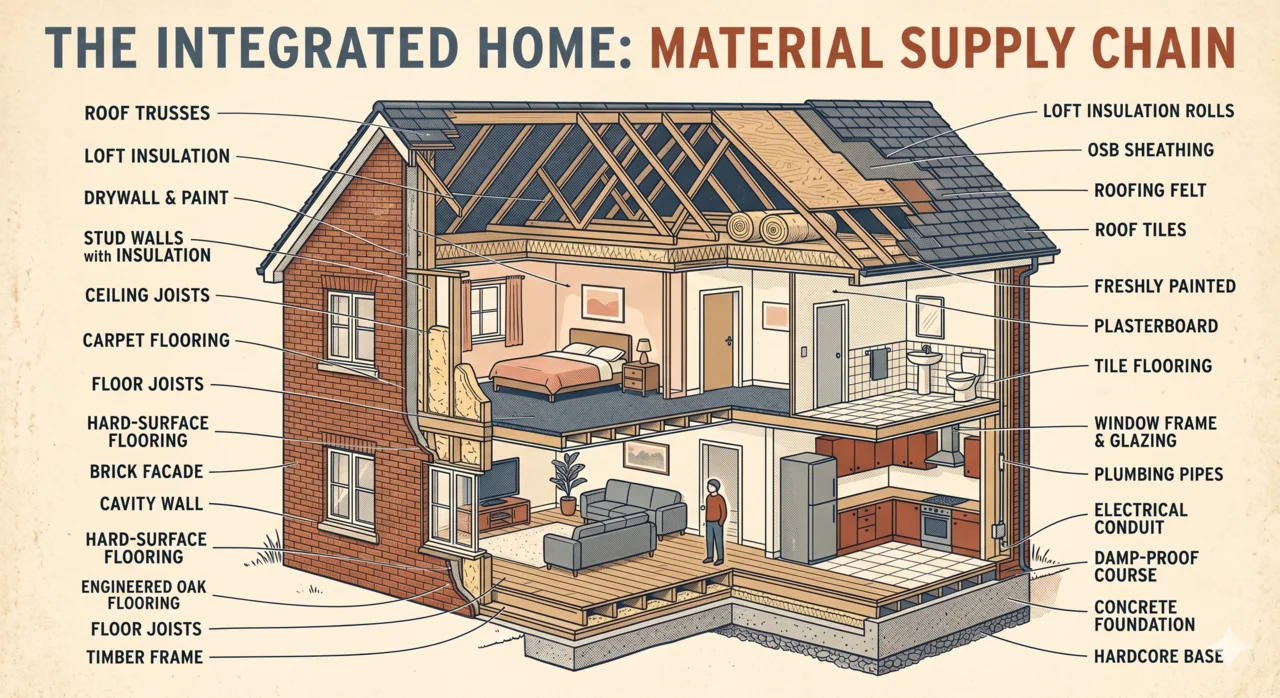 Cutaway illustration of a two-storey home labelling its materials: roof trusses, loft insulation, brick facade, carpet and hard-surface flooring, drywall and paint