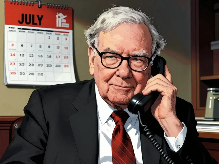 Comic-book portrait of Warren Buffett at his Omaha desk holding a telephone receiver to his ear, calm thoughtful expression, July wall calendar in the background