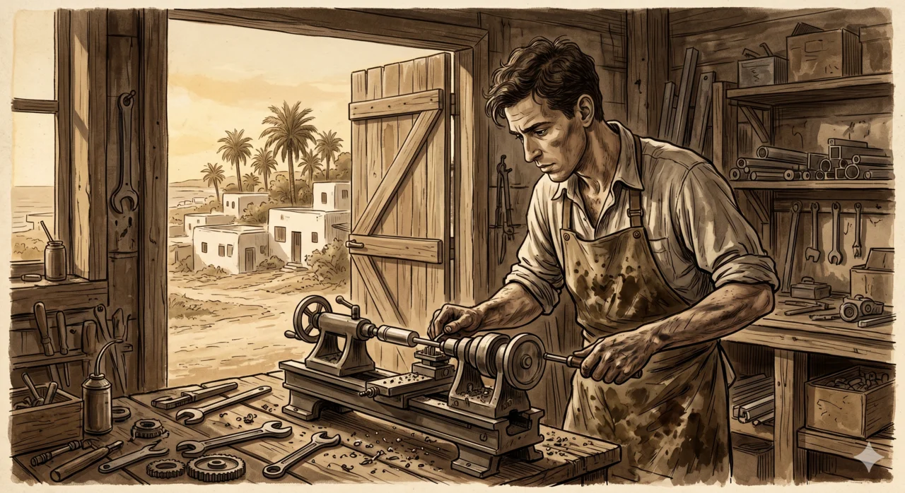 Sepia-toned editorial illustration of a lean, dark-haired man in his mid-twenties working at a small mechanical lathe in a wooden backyard workshop in coastal Mandate-era Israel, 1952, with palm trees and whitewashed houses visible through the open door