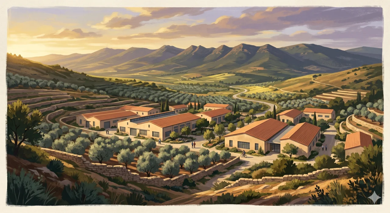 Tefen Industrial Park in the western Galilee, the place that built Iscar Editorial landscape illustration of a modern industrial park nestled in the rolling hills of the western Galilee — low terra-cotta-roofed factory buildings surrounded by olive groves and ancient terraced stone walls, golden-hour light slanting across the valley