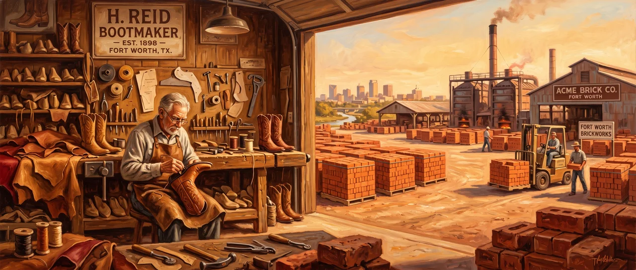 Artisan bootmaker workshop in Fort Worth beside an Acme Brick yard with kilns under the Texas sun