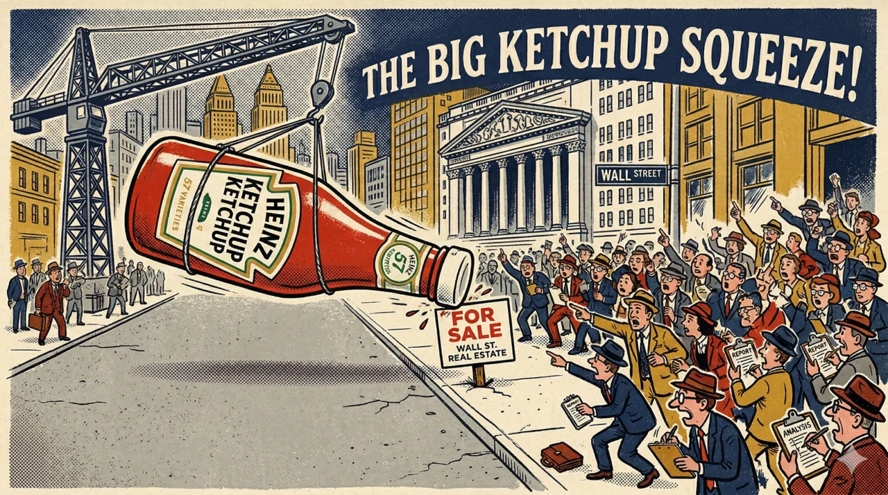 Vintage editorial poster: a giant Heinz ketchup bottle lowered onto a 'For Sale' sign on Wall Street with a crowd of analysts scribbling on clipboards