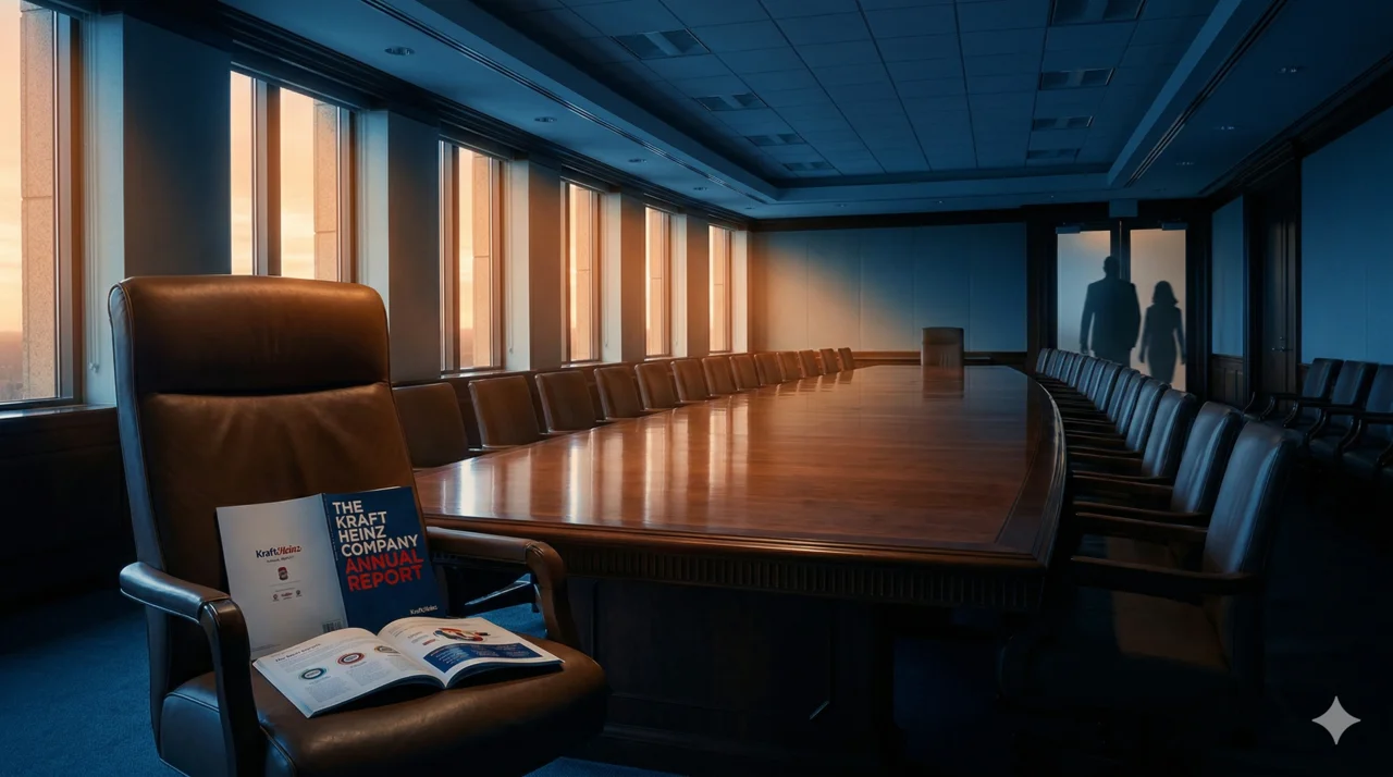 Empty Berkshire boardroom at dusk with a Kraft Heinz annual report left open on the head chair