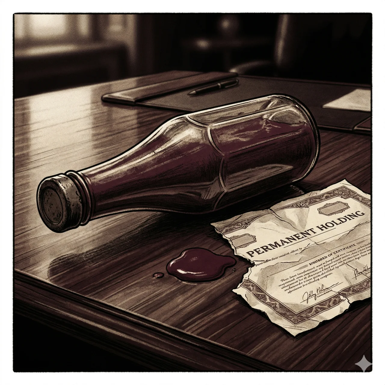 Overturned Heinz ketchup bottle on a boardroom table next to a torn 'Permanent Holding' certificate
