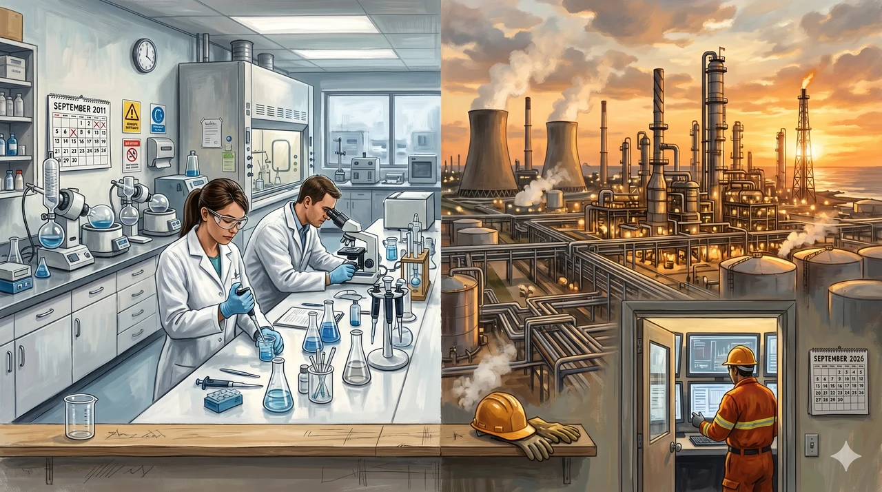 Split editorial illustration: on the left, a clean 2011 specialty-chemicals research laboratory with technicians at a glassware bench; on the right, a 2026 Gulf Coast petrochemicals plant at golden hour with cooling towers and pipe racks