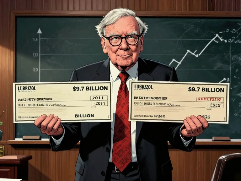 Comic-style illustration of Warren Buffett in a dark suit holding two oversized cardboard cheques labeled LUBRIZOL 2011 and OXYCHEM 2026, each marked 9.7 BILLION, in front of a chalkboard with an aspirational margin curve