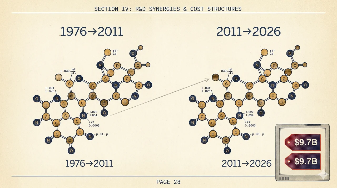 Two molecular structure diagrams labeled 2011 and 2026 connected by a pencil line, with two identical 9.7 billion price tags, vintage corporate annual report style