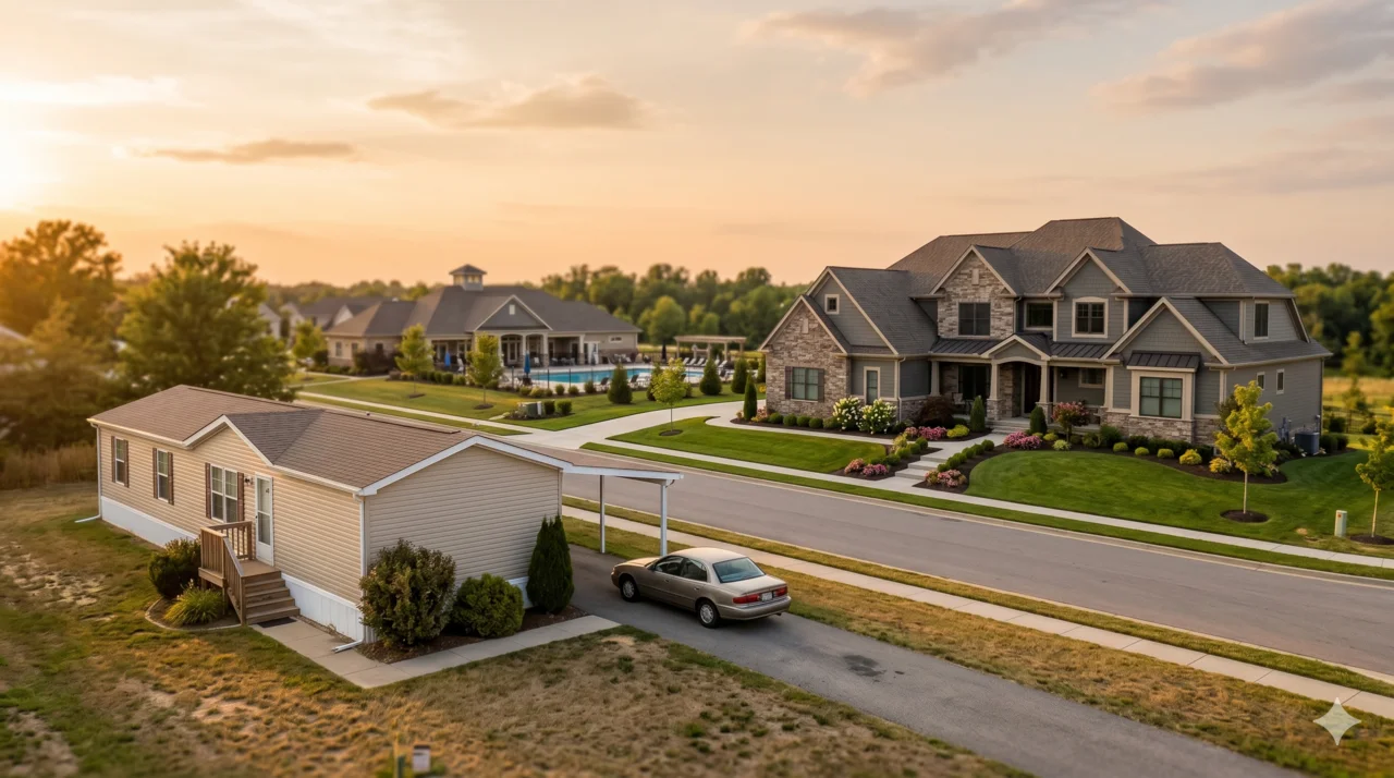 A modest factory-built manufactured home in the foreground and a large move-up home across the street in a master-planned community at golden hour