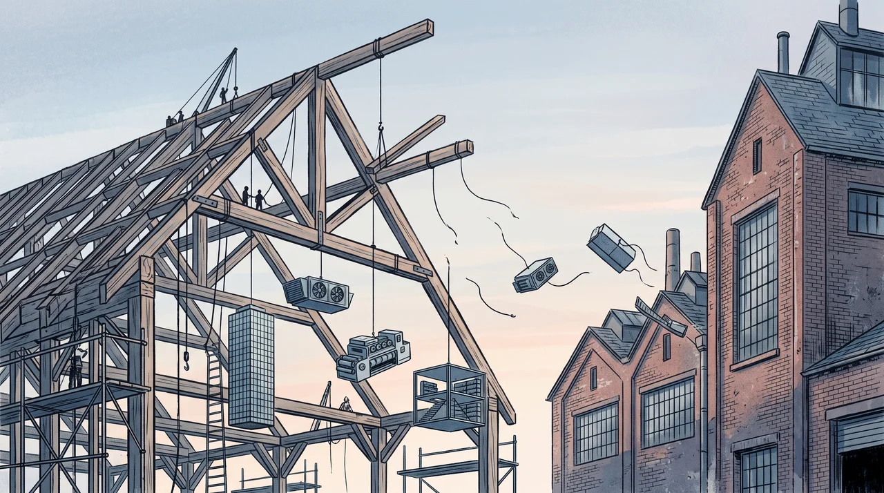 A timber roof truss under construction with a curtain-wall tower, air-handling units, a battery machine and a mezzanine hanging from it on cables, some cut loose and drifting toward a brick factory