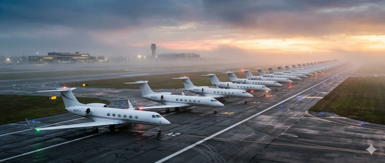 Fleet of private jets lined up on a misty tarmac at dawn