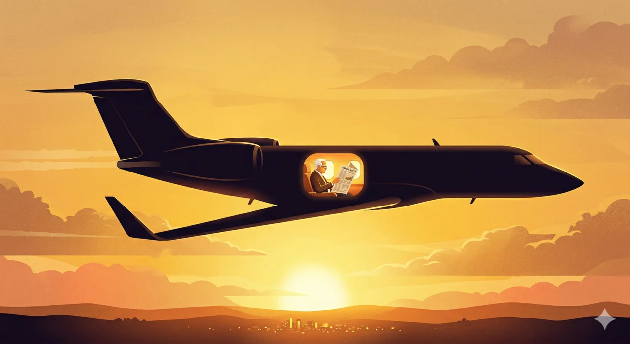 Investor reading newspaper inside a private jet at sunset