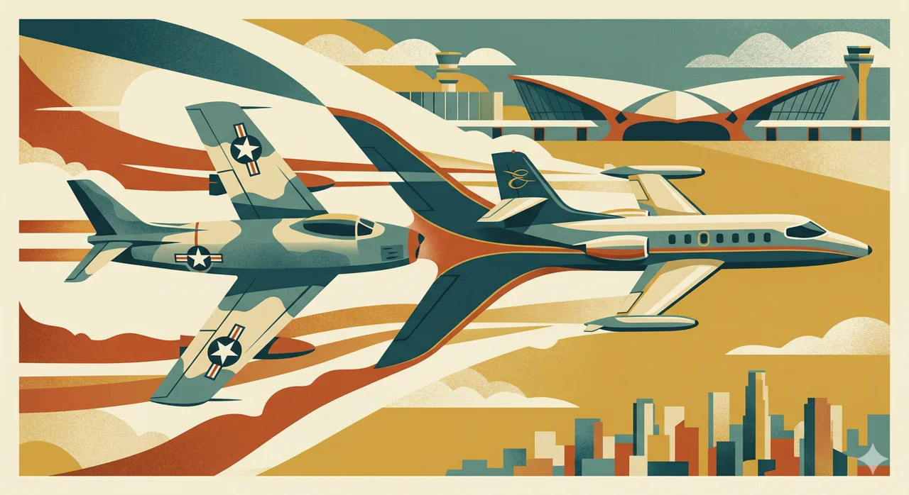 Retro 1960s illustration of military jet transforming into business jet