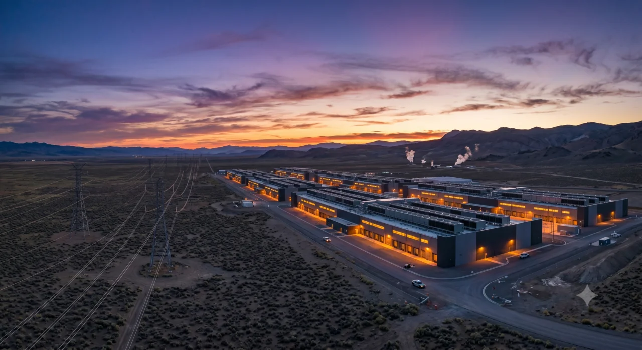 A hyperscale data center glowing in the Nevada high desert at dusk, high-voltage transmission lines running to it across sagebrush flats