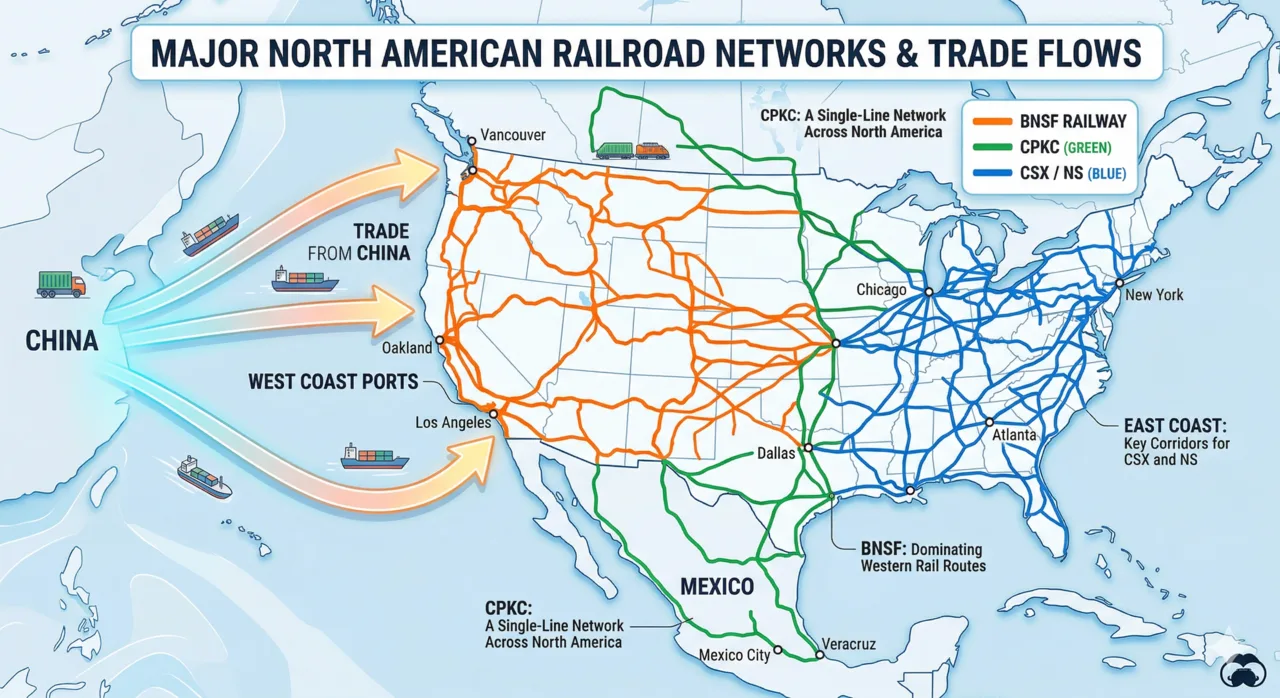 Map of major North American railroad networks and China trade flows showing BNSF, CPKC, and CSX routes